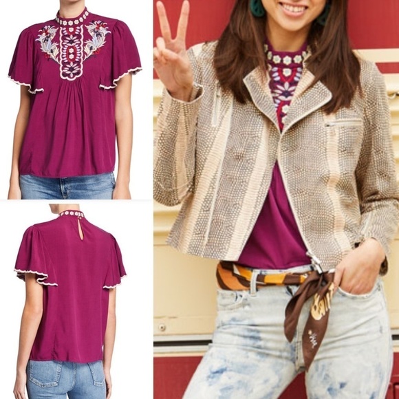 Laundry Mock Neck Embroidered Boho festival Top purple women’s medium new w tags - Picture 7 of 7